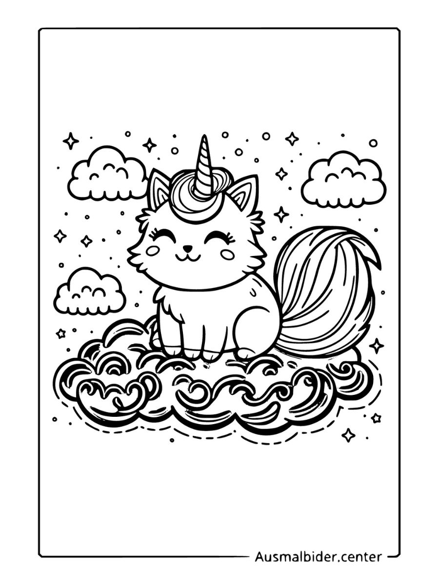 Einhorn Katze Ausmalbild Lächelnde Katze mit Wolken und Sternen.