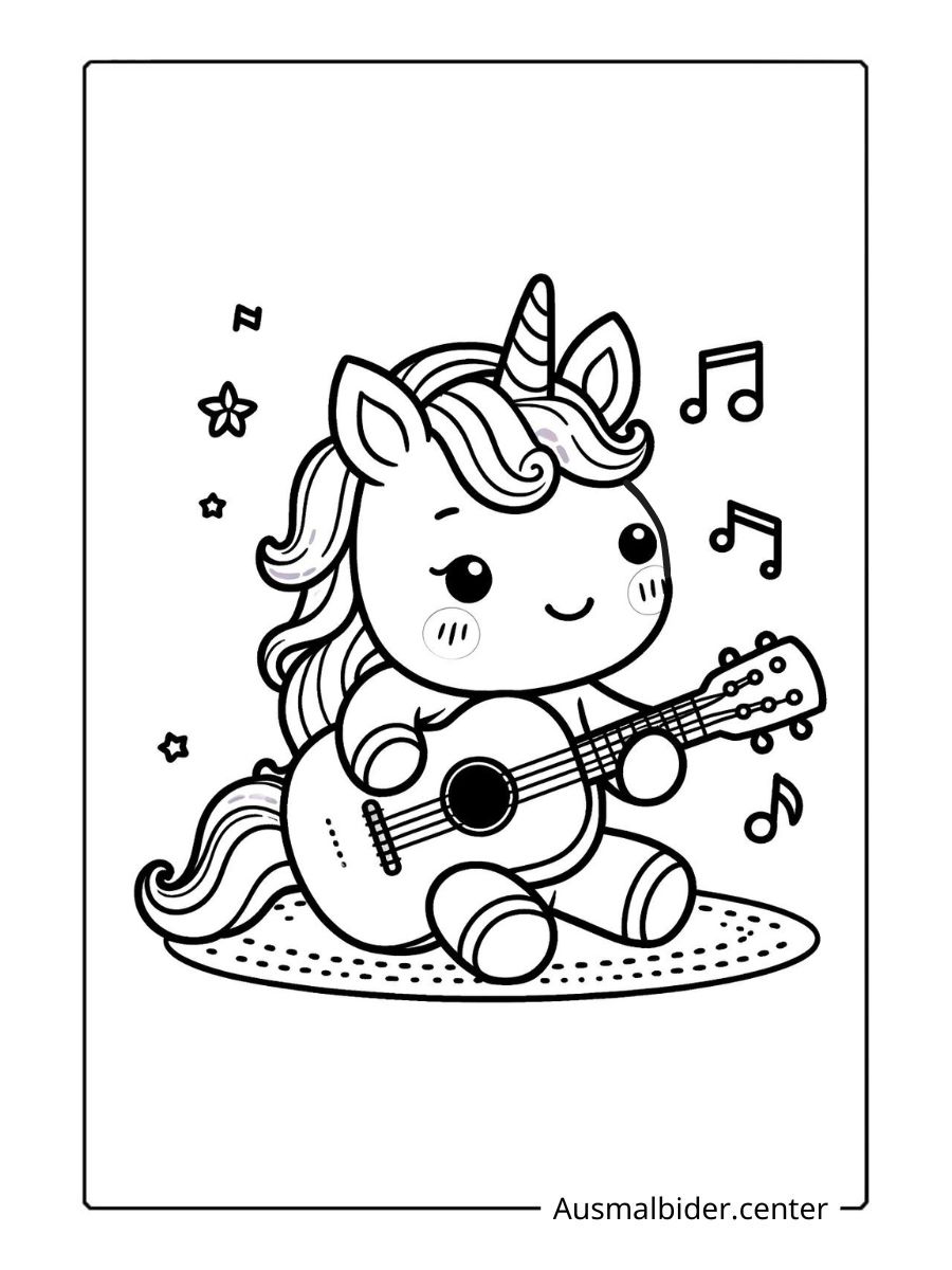 Ausmalbilder kawaii Einhorn mit Gitarre und Musiknoten.