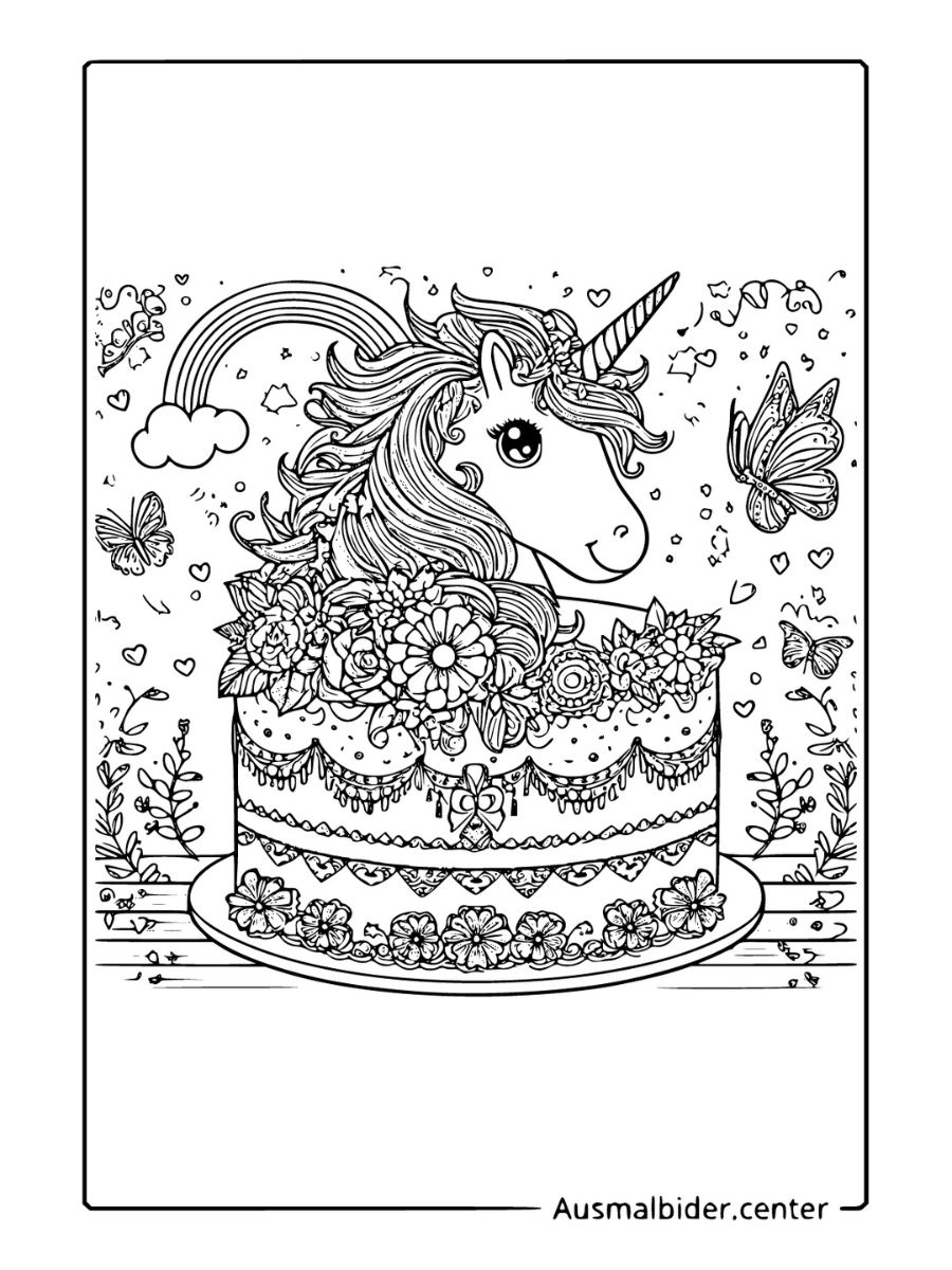 Ein Einhorn Torte Ausmalbild mit Haar, Blumen, Schmetterlingen und Regenbogen.