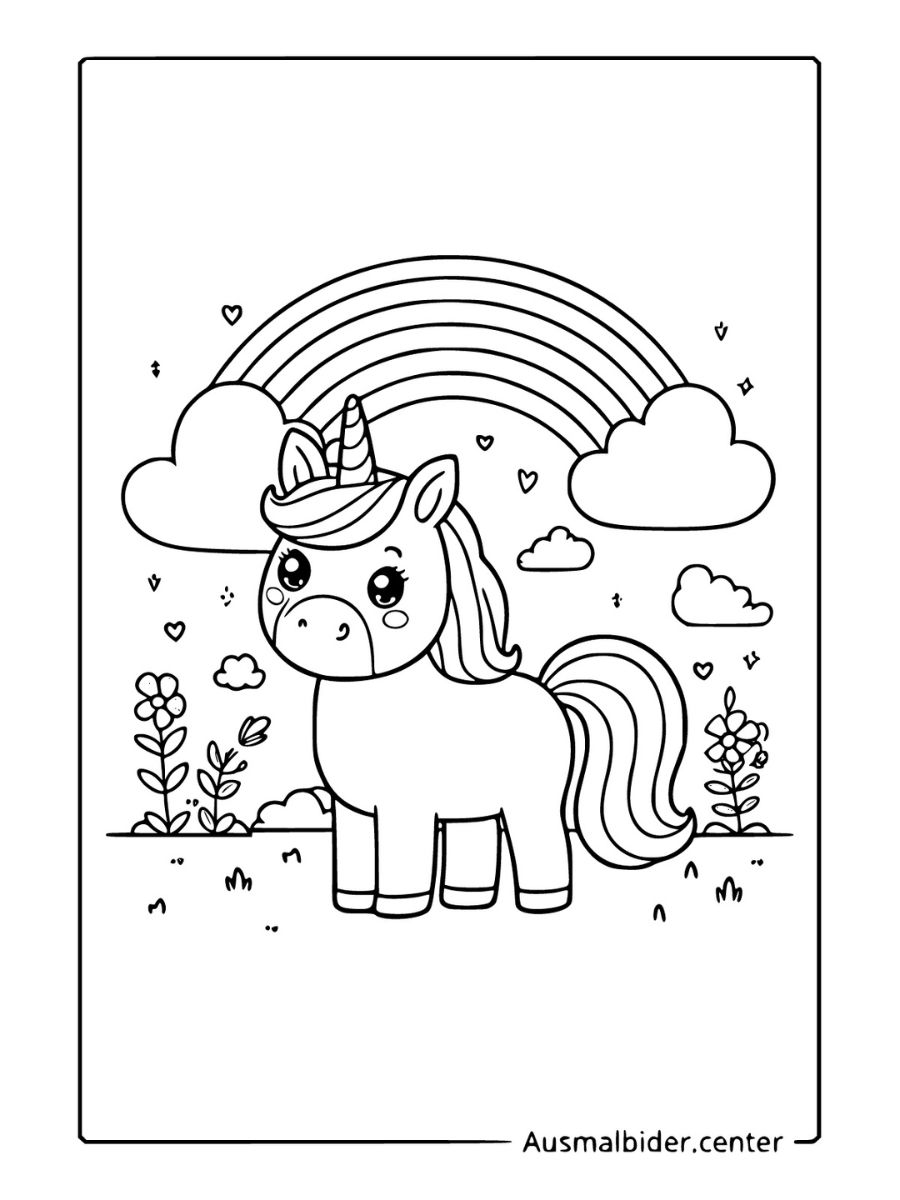 Kawaii Einhorn Ausmalbild mit Einhorn vor Regenbogen und Blumen.